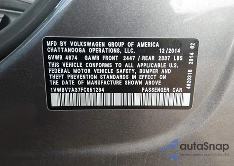 2015 Volkswagen Passat 2.0L Tdi Se from USA, damaged, VIN 1VWBV7A37FC051284
